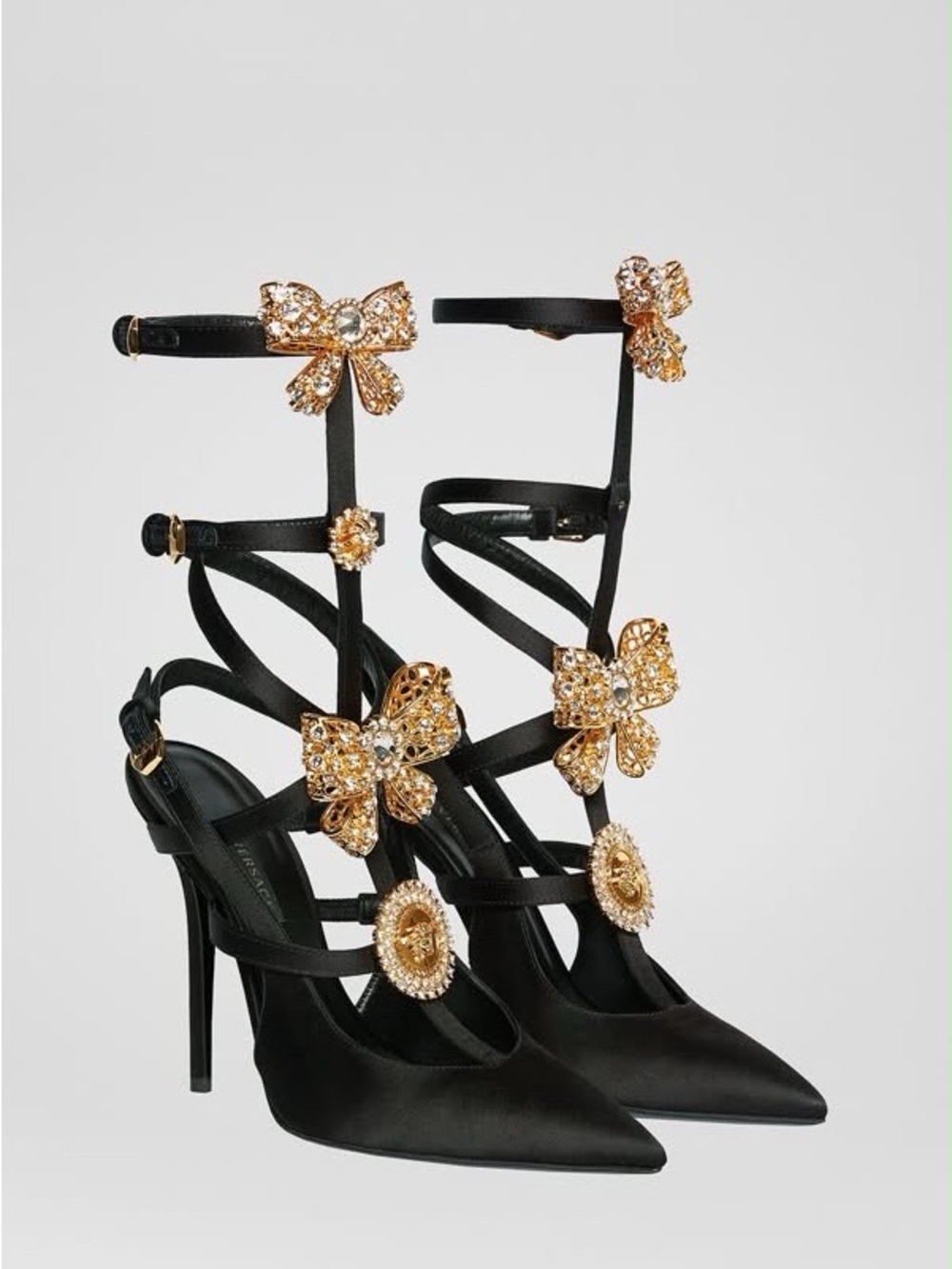 Versace Black Satin Strappy Heels with Gold Crystal Bow Embellishments